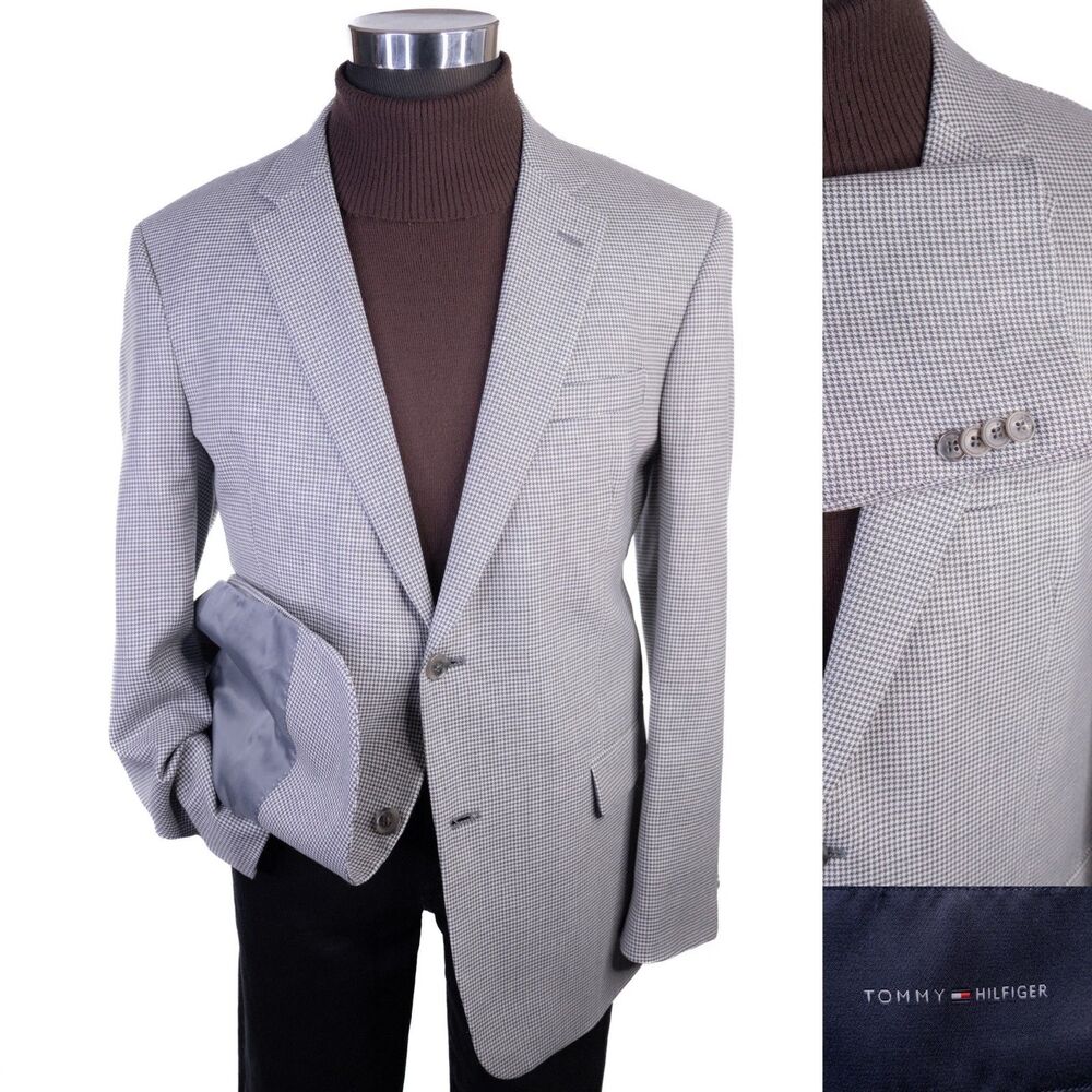 Tommy Hilfiger Men’s 44R Houndstooth Blazer Sport Coat Jacket Gray 2-Button
